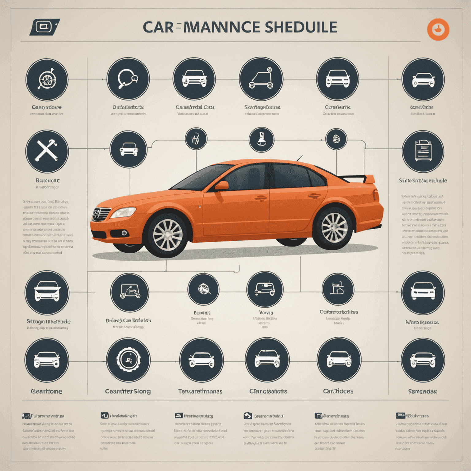 Infografika przedstawiająca typowy harmonogram serwisowy samochodu z ikonami reprezentującymi różne etapy konserwacji
